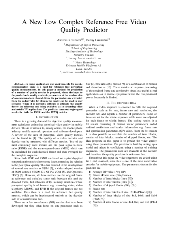 (PDF) A new low complex reference free video quality predictor