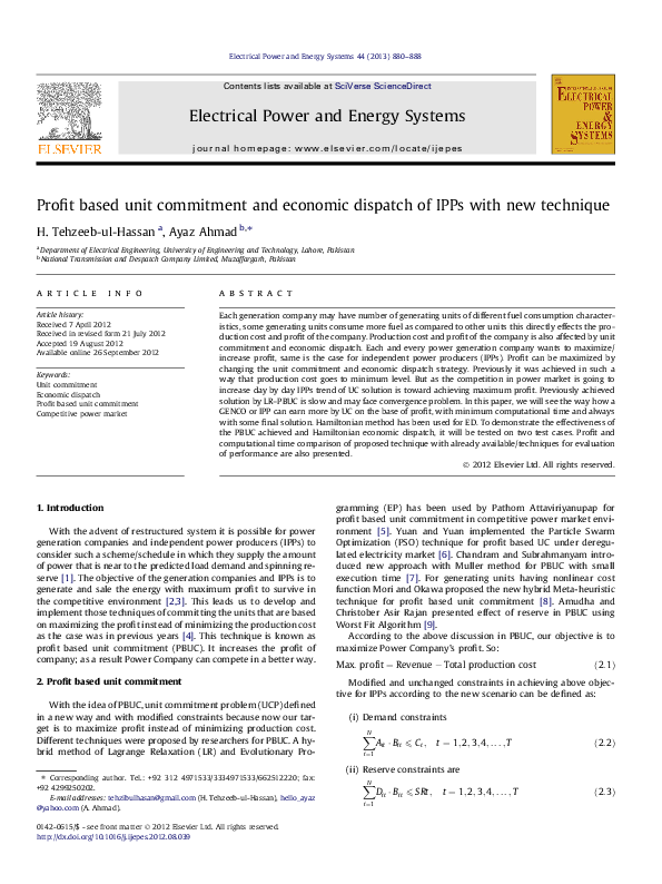 (PDF) Profit based unit commitment and economic dispatch of IPPs with ...