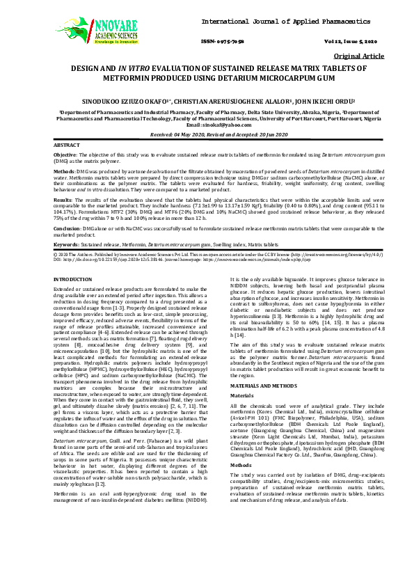 (PDF) DESIGN AND IN VITRO EVALUATION OF SUSTAINED RELEASE MATRIX ...
