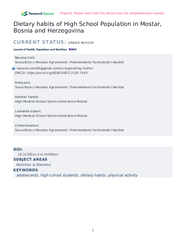 (PDF) Dietary habits of High School Population in Mostar, Bosnia and ...