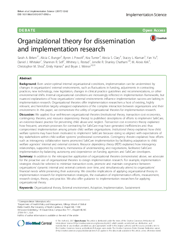 (PDF) Organizational theory for dissemination and implementation research