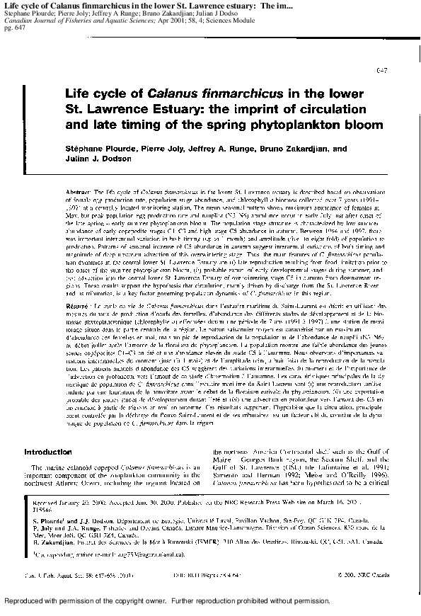(PDF) Life cycle of Calanus finmarchicus in the lower St. Lawrence ...
