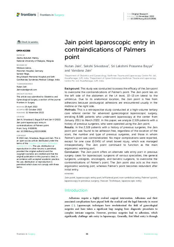 (PDF) Jain point laparoscopic entry in contraindications of Palmers point