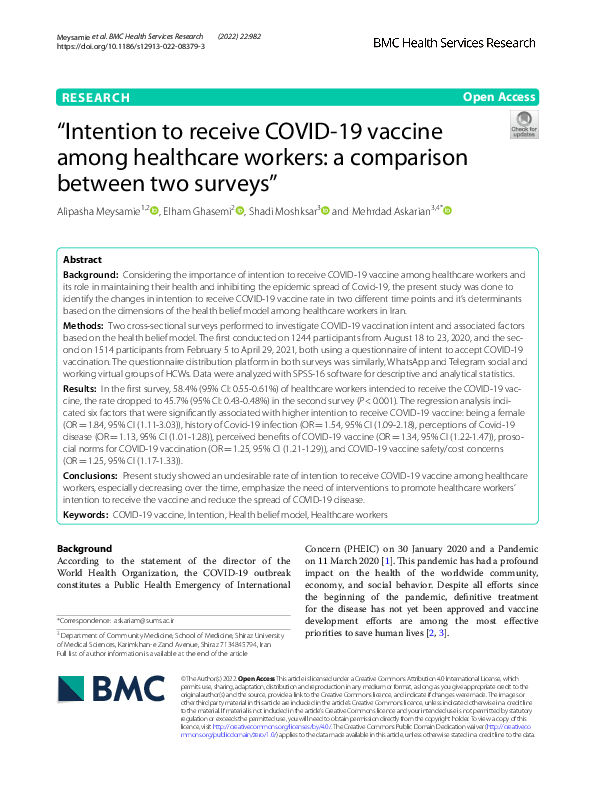 (PDF) “Intention to receive COVID-19 vaccine among healthcare workers ...