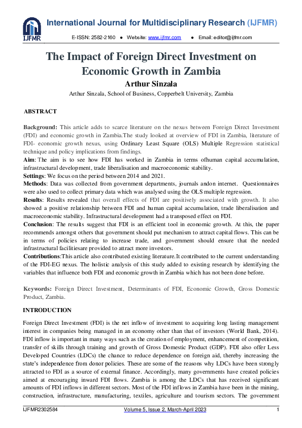 (PDF) The Impact of Foreign Direct Investment on Economic Growth in Zambia