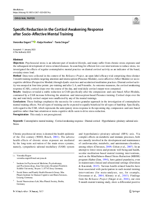 (PDF) Specific Reduction in the Cortisol Awakening Response after Socio ...