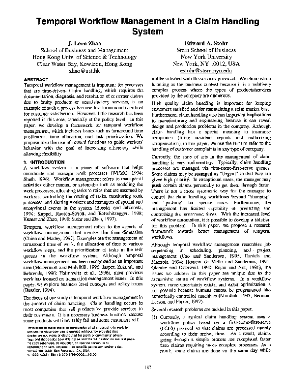 (PDF) Temporal workflow management in a claim handling system | Edward ...