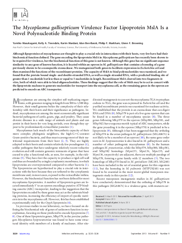 (PDF) The Mycoplasma gallisepticum Virulence Factor Lipoprotein MslA Is ...
