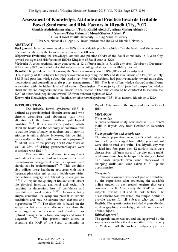 (PDF) Assessment of Knowledge, Attitude and Practice towards Irritable ...
