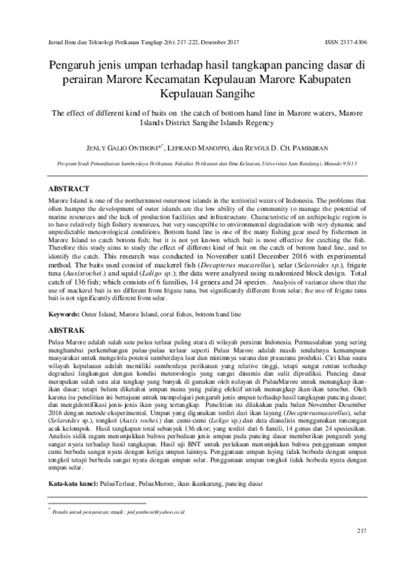 (PDF) Pengaruh jenis umpan terhadap hasil tangkapan pancing dasar di ...