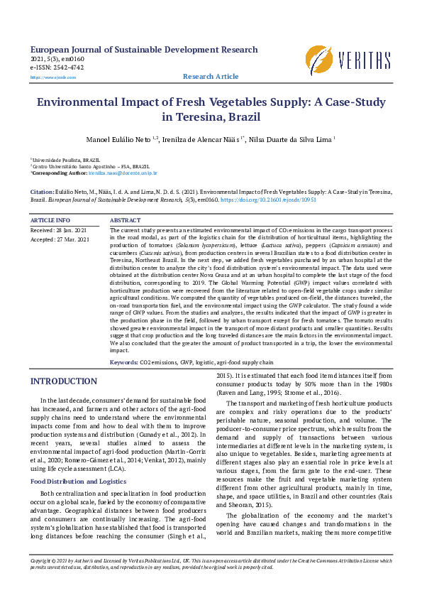 (PDF) Environmental Impact of Fresh Vegetables Supply A CaseStudy in