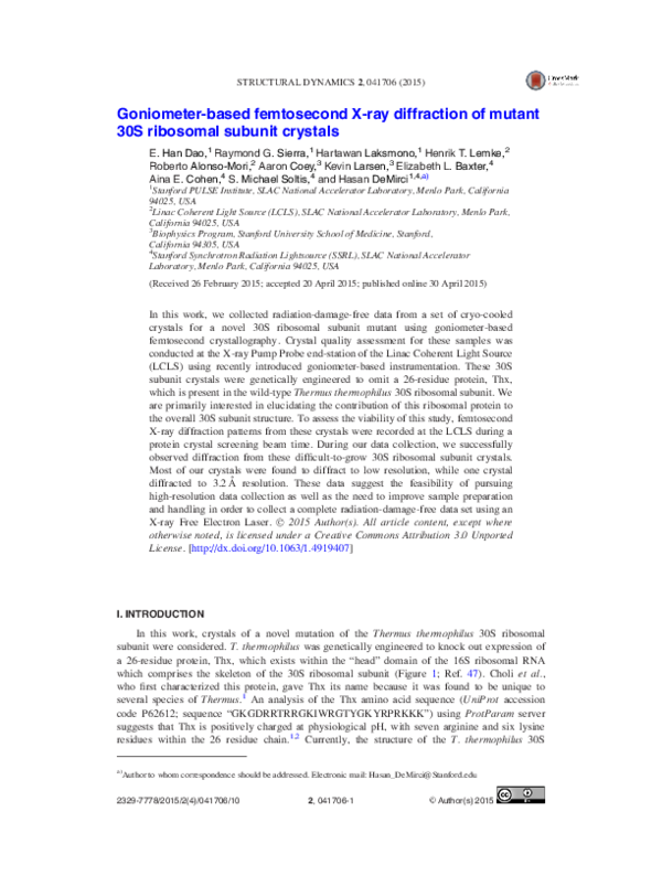 (PDF) Goniometer-based femtosecond X-ray diffraction of mutant 30S ...