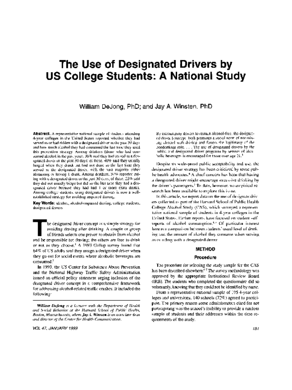 (PDF) The Use of Designated Drivers by US College Students: A National ...
