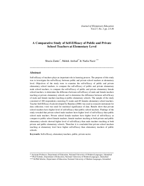 (PDF) A Comparative Study of Self-Efficacy of Public and Private School ...