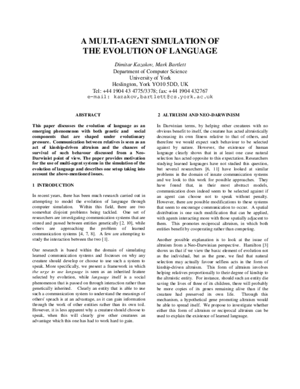 (PDF) A multi-agent simulation of the evolution of language