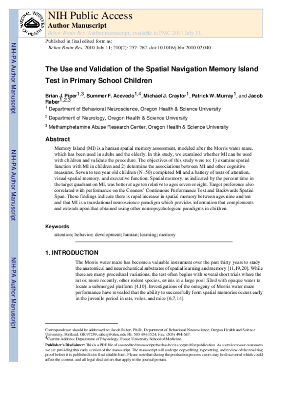 (PDF) The use and validation of the spatial navigation Memory Island ...