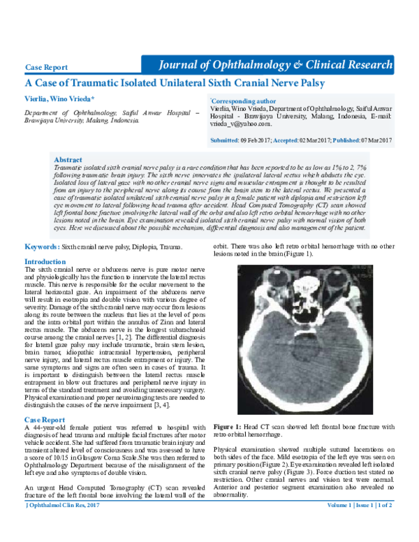 (PDF) A Case of Traumatic Isolated Unilateral Sixth Cranial Nerve Palsy