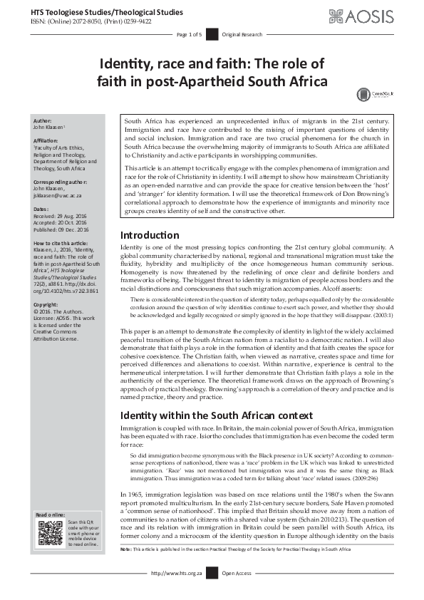 (PDF) Identity, race and faith: The role of faith in post-Apartheid ...