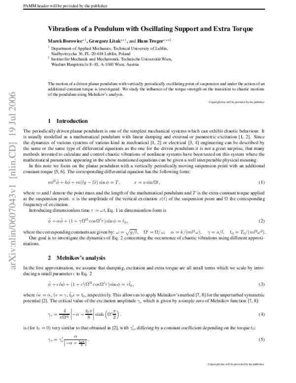 (PDF) Vibrations of a Pendulum with Oscillating Support and Extra