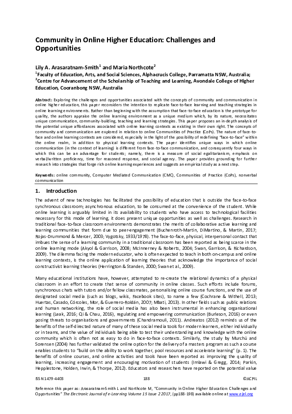 (PDF) Community in Online Higher Education: Challenges and Opportunities