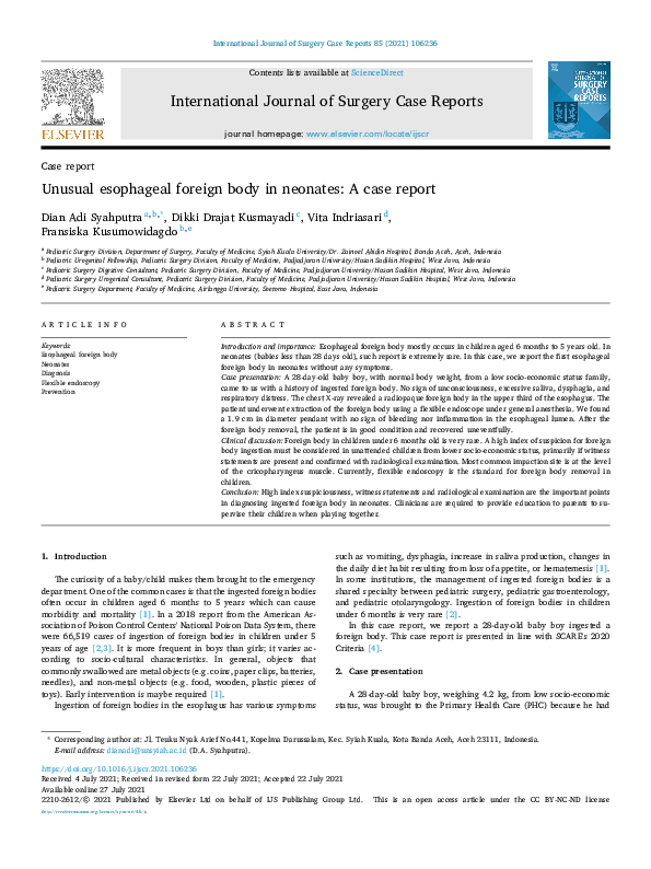 (PDF) Unusual esophageal foreign body in neonates: A case report