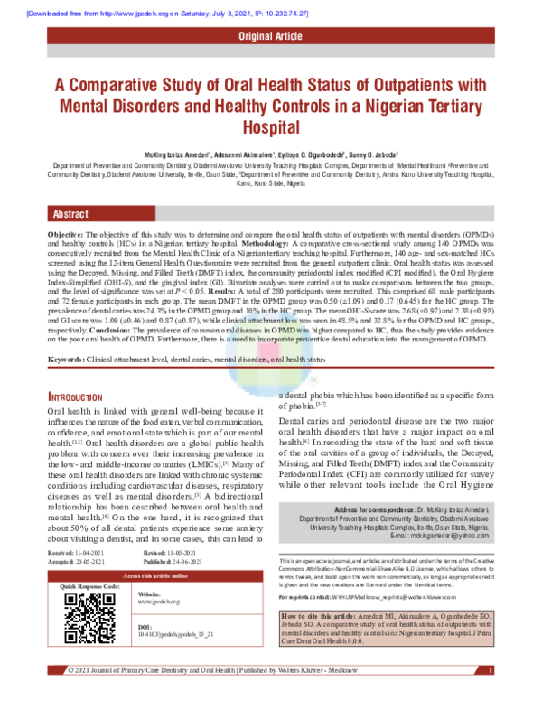 (PDF) A comparative study of oral health status of outpatients with ...