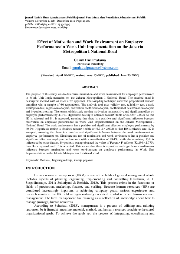 (PDF) Effect of Motivation and Work Environment on Employee Performance ...