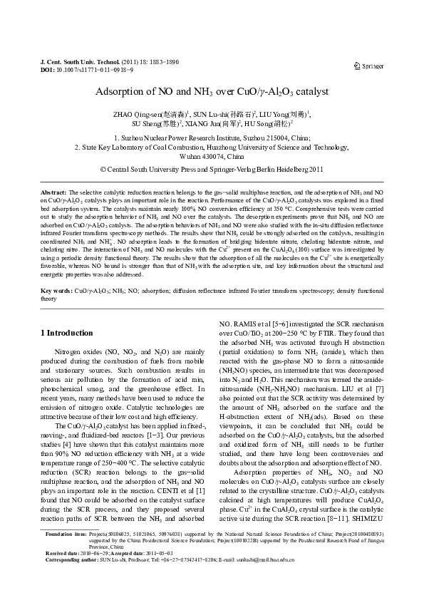 (PDF) Adsorption of NO and NH3 over CuO/γ-Al2O3 catalyst