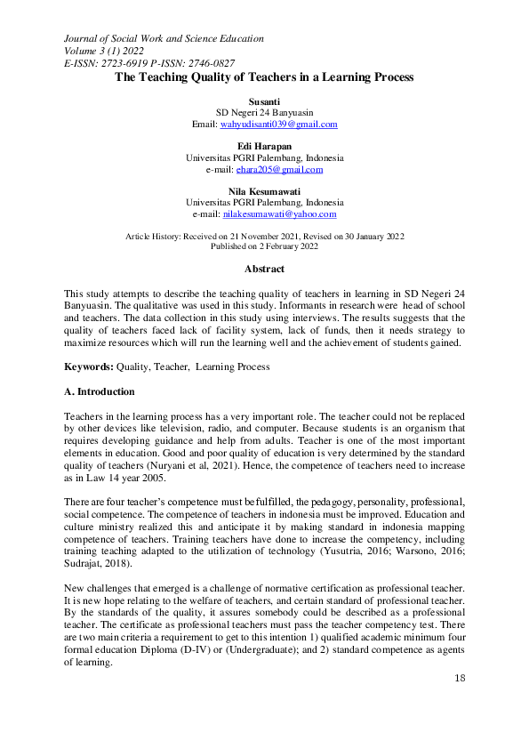 (PDF) The Teaching Quality of Teachers in a Learning Process
