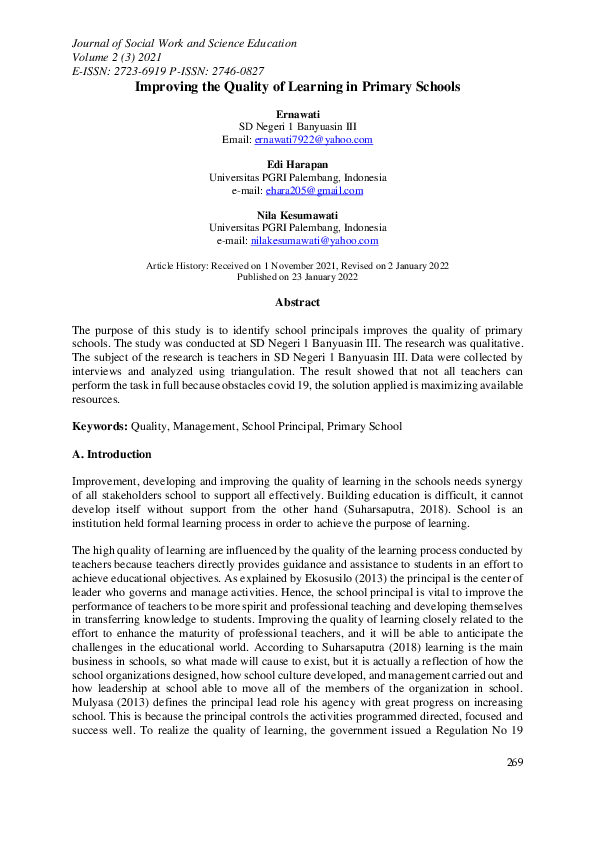(PDF) Improving the Quality of Learning in Primary Schools