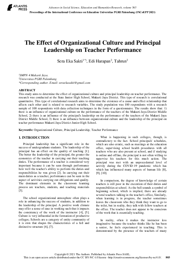 (PDF) The Effect of Organizational Culture and Principal Leadership on ...