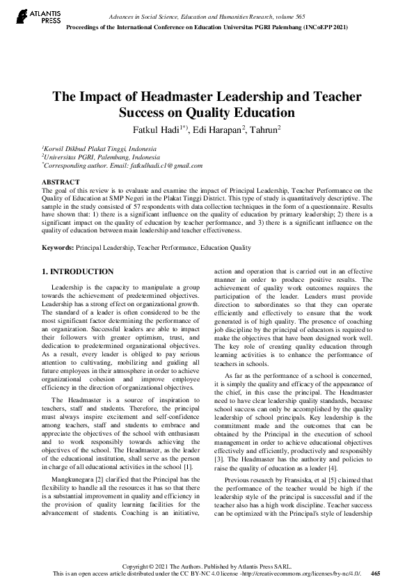 (PDF) The Impact of Headmaster Leadership and Teacher Success on