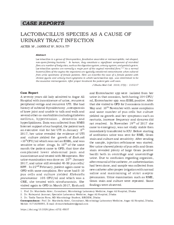 (PDF) Lactobacillus species As a Cause of Urinary Tract Infection