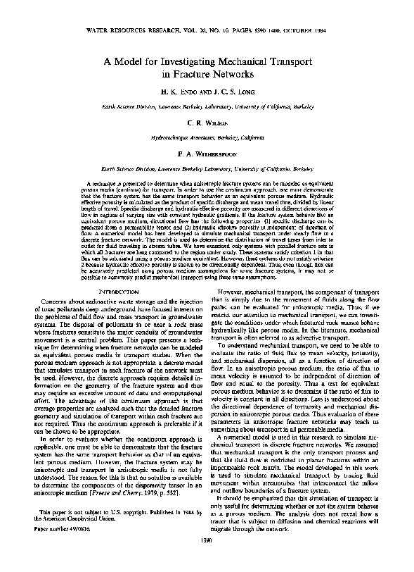 (PDF) A Model for Investigating Mechanical Transport in Fracture Networks