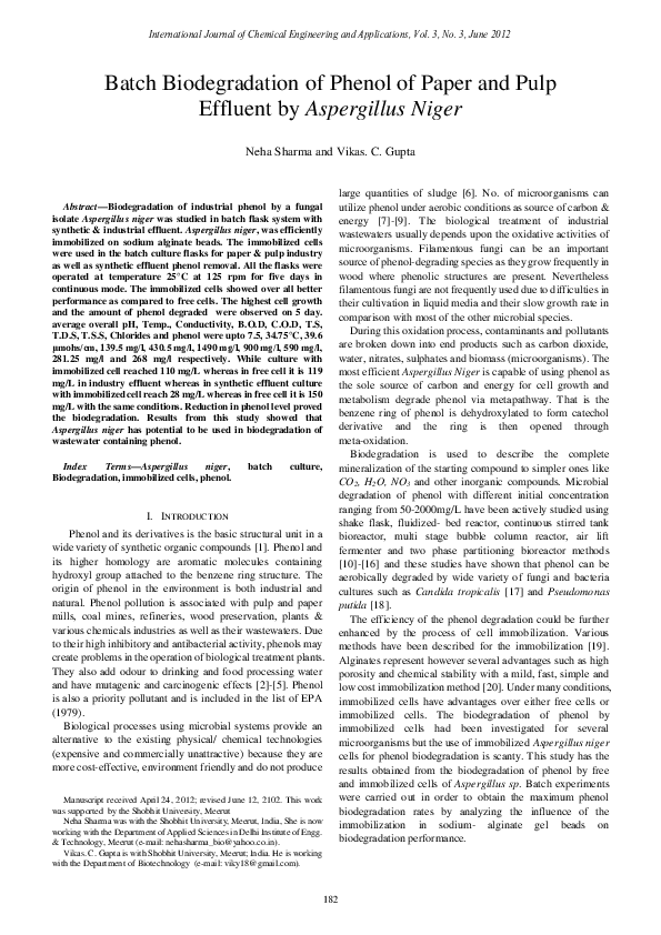 (PDF) Batch Biodegradation of Phenol of Paper and Pulp Effluent by ...