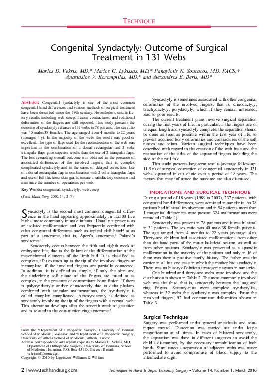 (PDF) Congenital Syndactyly: Outcome of Surgical Treatment in 131 Webs