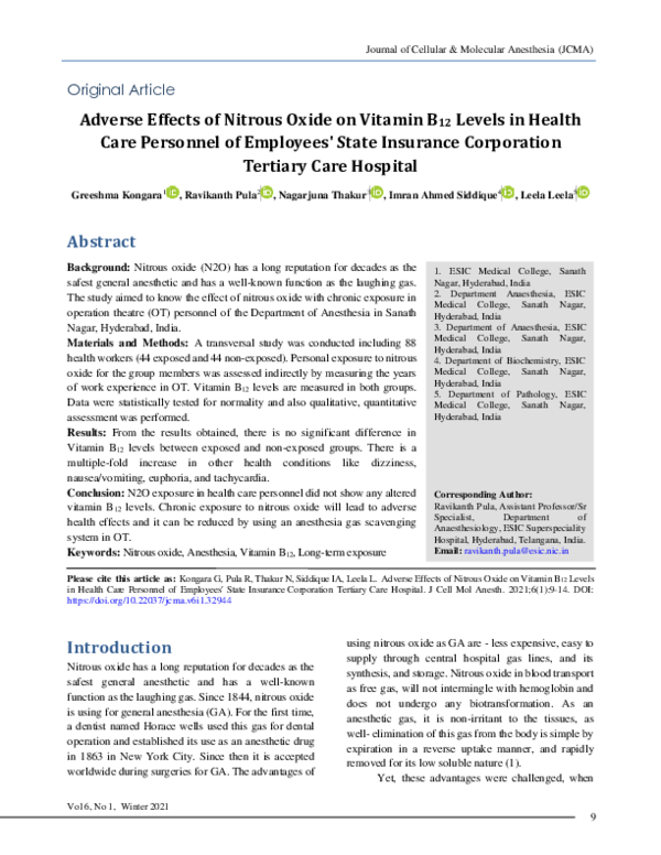 (PDF) Adverse Effects of Nitrous Oxide on Vitamin B12 Levels in Health ...