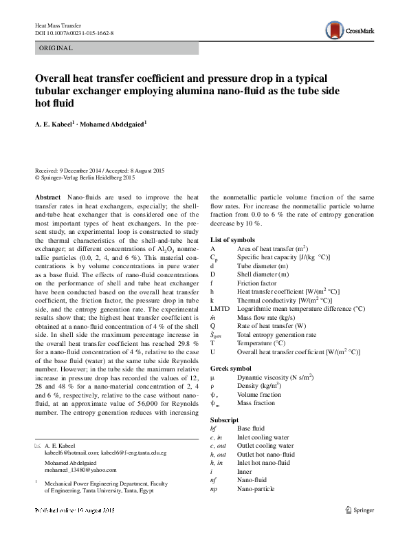 (PDF) Overall heat transfer coefficient and pressure drop in a typical ...