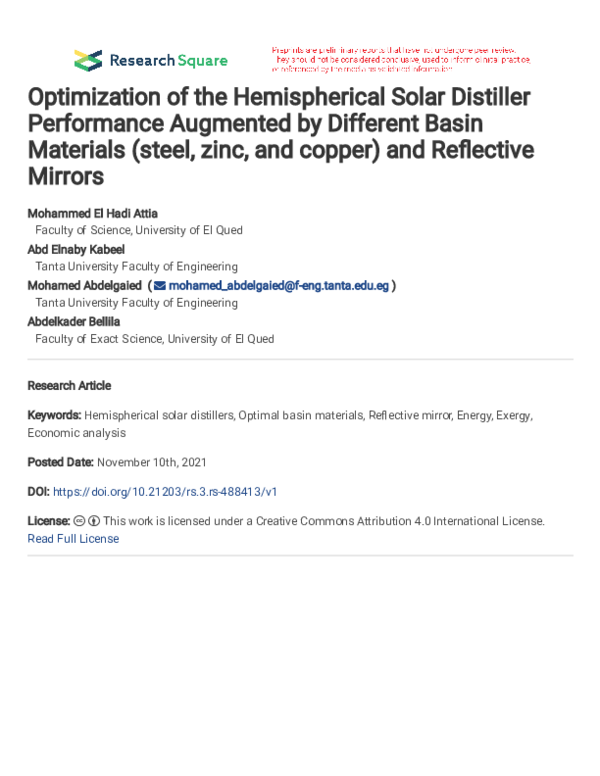 (PDF) Optimization of the Hemispherical Solar Distiller Performance ...