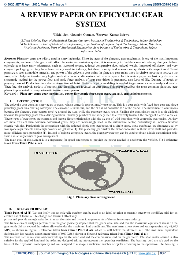 (PDF) A Review Paper on Epicyclic Gear System SHRAWAN KUMAR BAIRWA