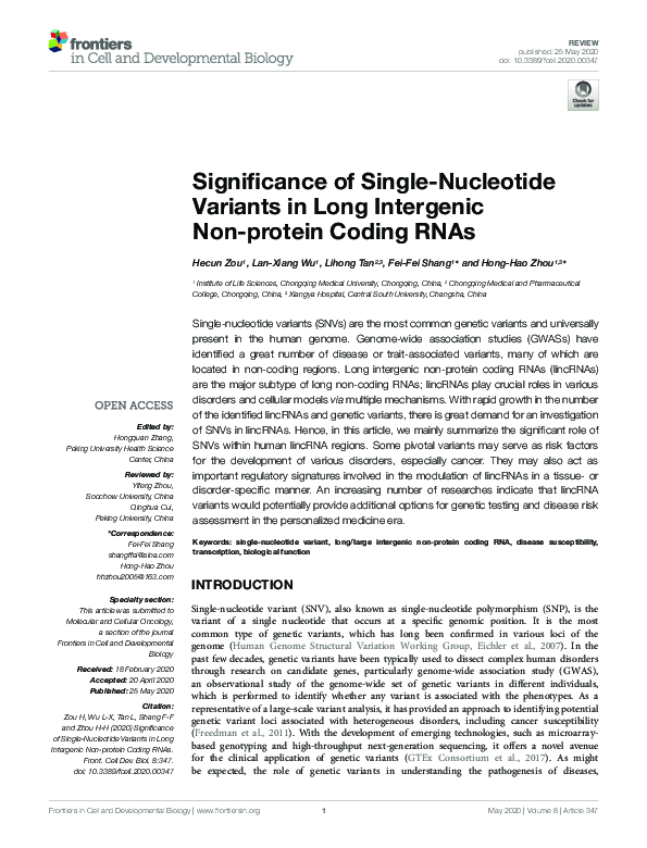 (PDF) Significance of Single-Nucleotide Variants in Long Intergenic Non ...