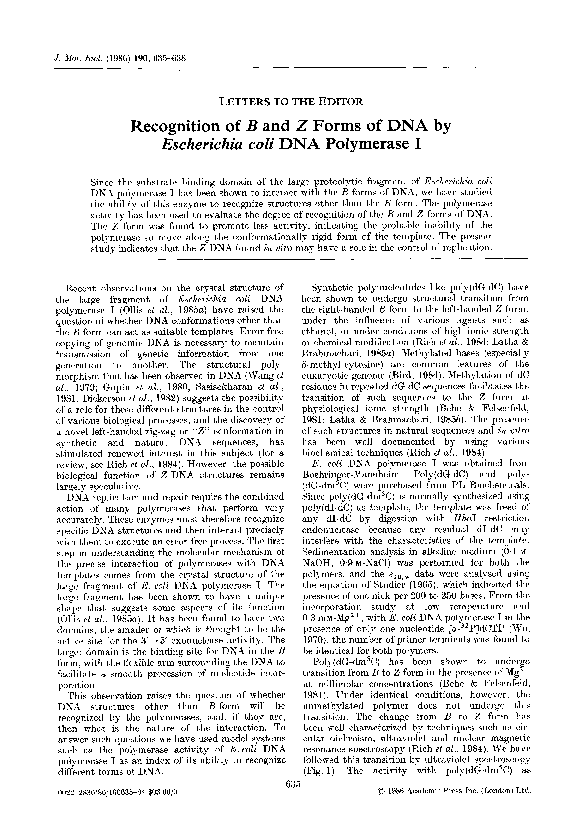 (PDF) Recognition of B and Z forms of DNA by Escherichia coli DNA ...