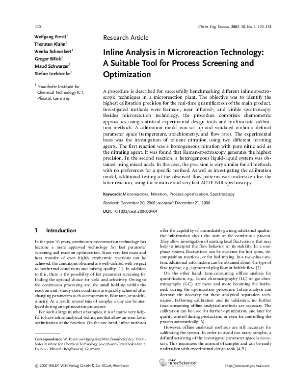 (PDF) Inline Analysis in Microreaction Technology A Suitable Tool for Process Screening and