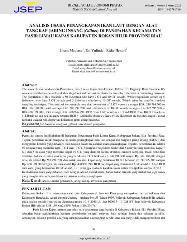 Pdf Analisis Usaha Penangkapan Ikan Laut Dengan Alat Tangkap Jaring