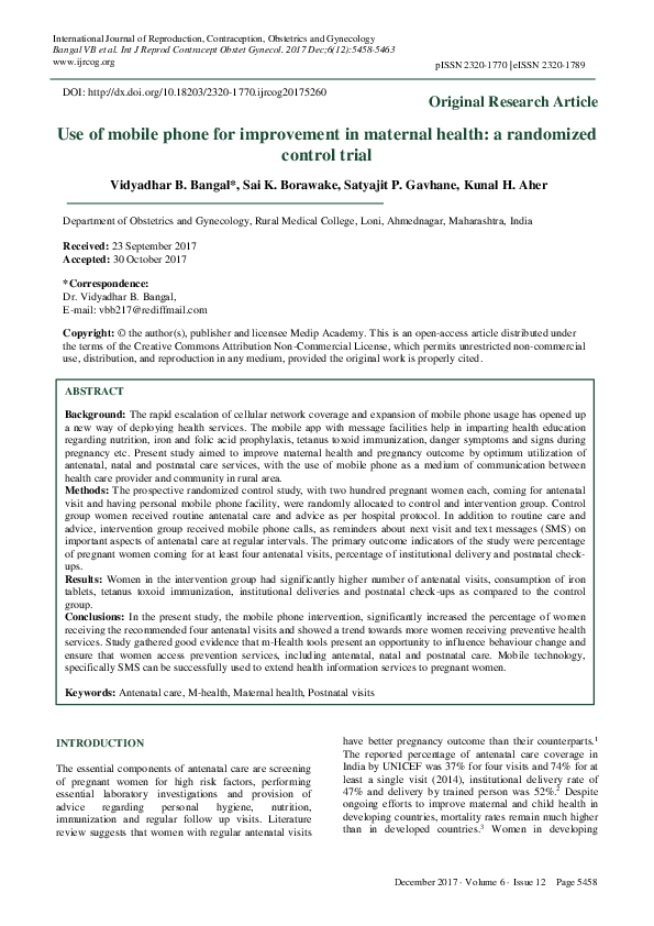 (PDF) Use of mobile phone for improvement in maternal health: a ...