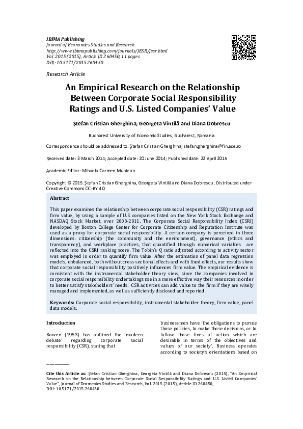 An Empirical Research on the Relationship Between Corporate Social Responsibility Ratings and U.S. Listed Companies’ Value