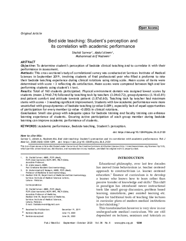 (PDF) Bed side teaching: Student’s perception and its correlation with ...