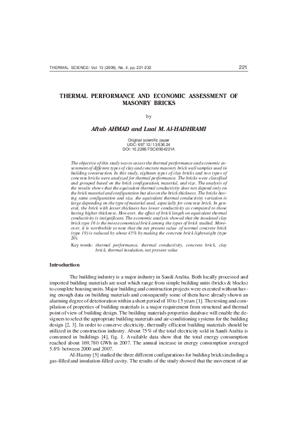 (PDF) Thermal performance and economic assessment of masonry bricks