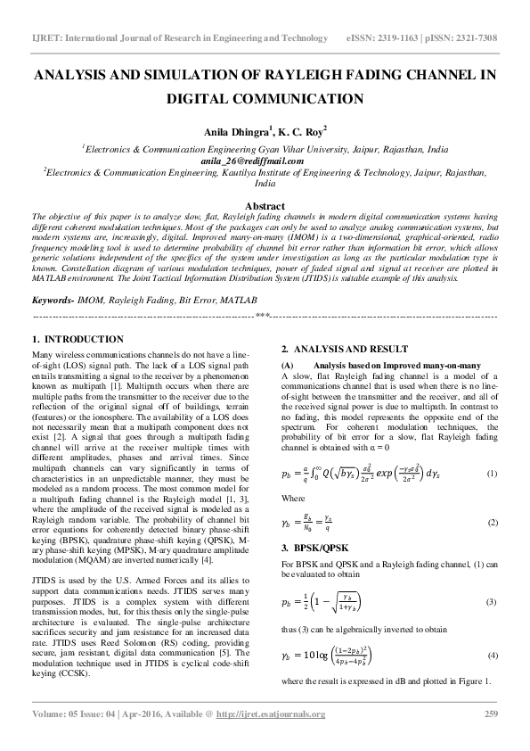 (PDF) Analysis and Simulation of Rayleigh Fading Channel in Digital ...