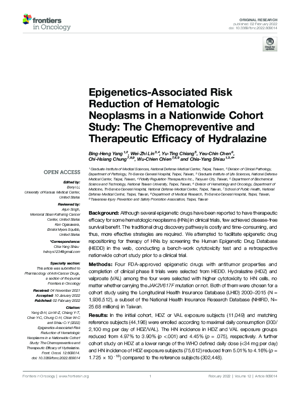(PDF) Epigenetics-Associated Risk Reduction of Hematologic Neoplasms in ...